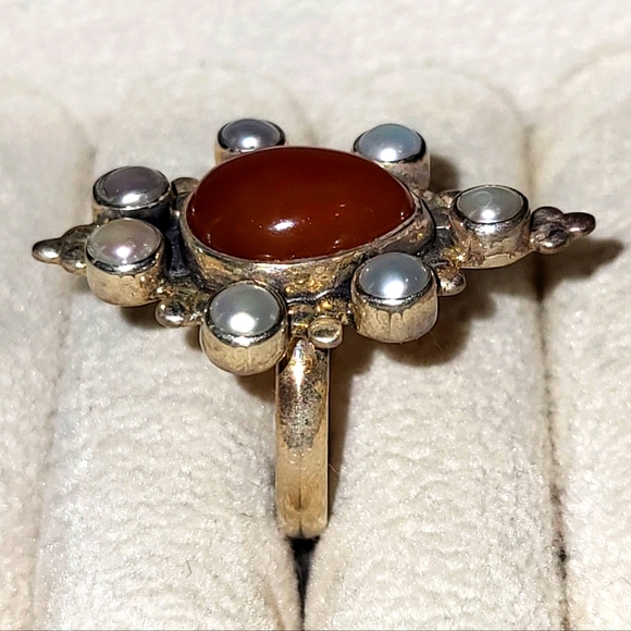 Elegant .925 Sterling Silver Honey Onyx / Pearl Ring New - Picture 2 of 3